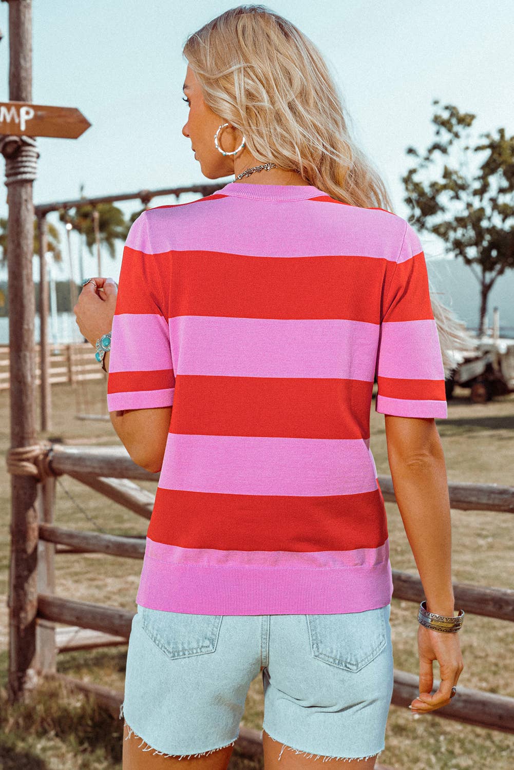 Fashion-W Colorblock Striped Knitted T shirt