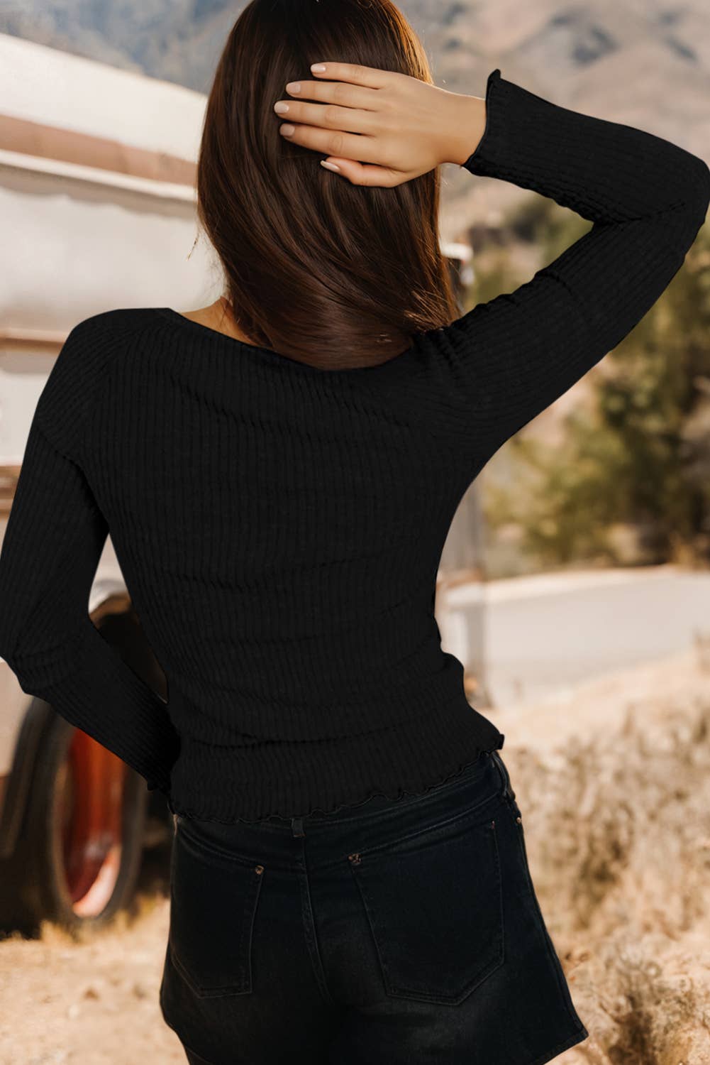 Lace Neckline Button Decor Lettuce Edge Long Sleeve Rib Top
