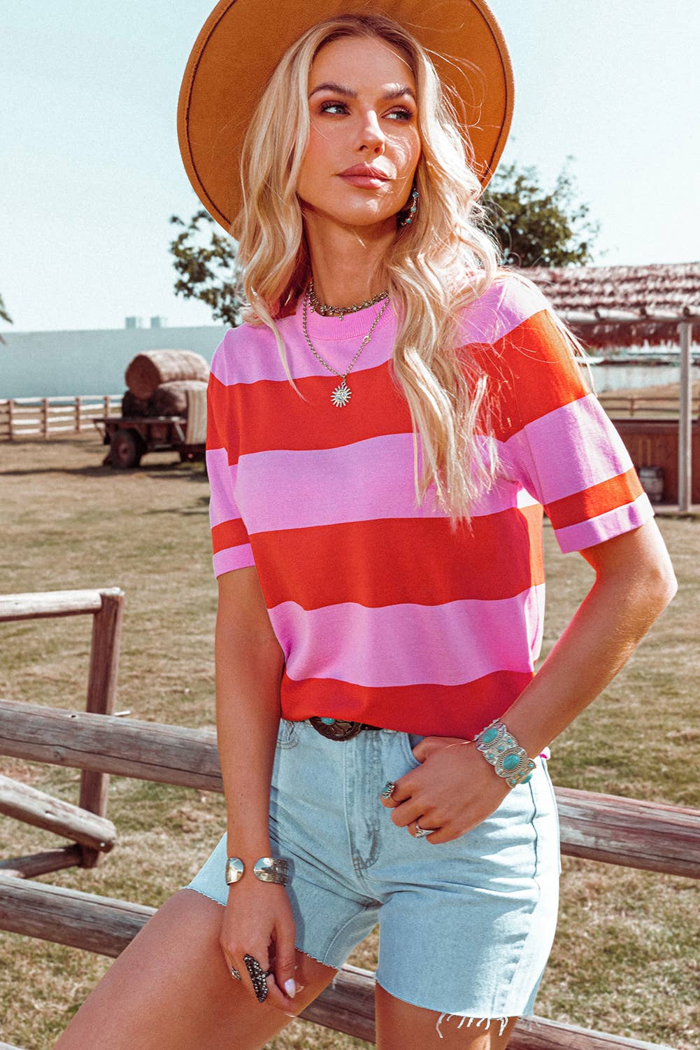 Fashion-W Colorblock Striped Knitted T shirt