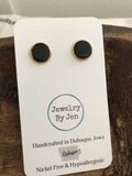 Stud Earrings: Black Leather - Gold Setting