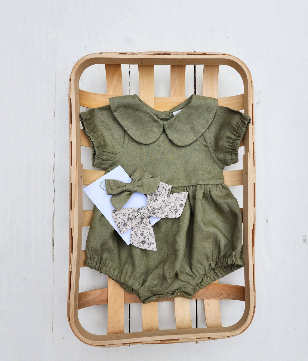 Peter Pan Collar Linen Bubble Romper + Bow | Allie