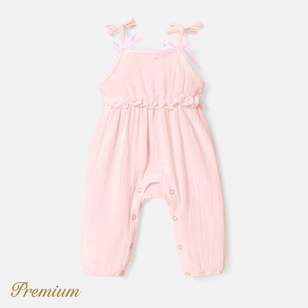 100% Cotton Baby Girl Crepe Bow Decor Solid Cami Jumpsuit